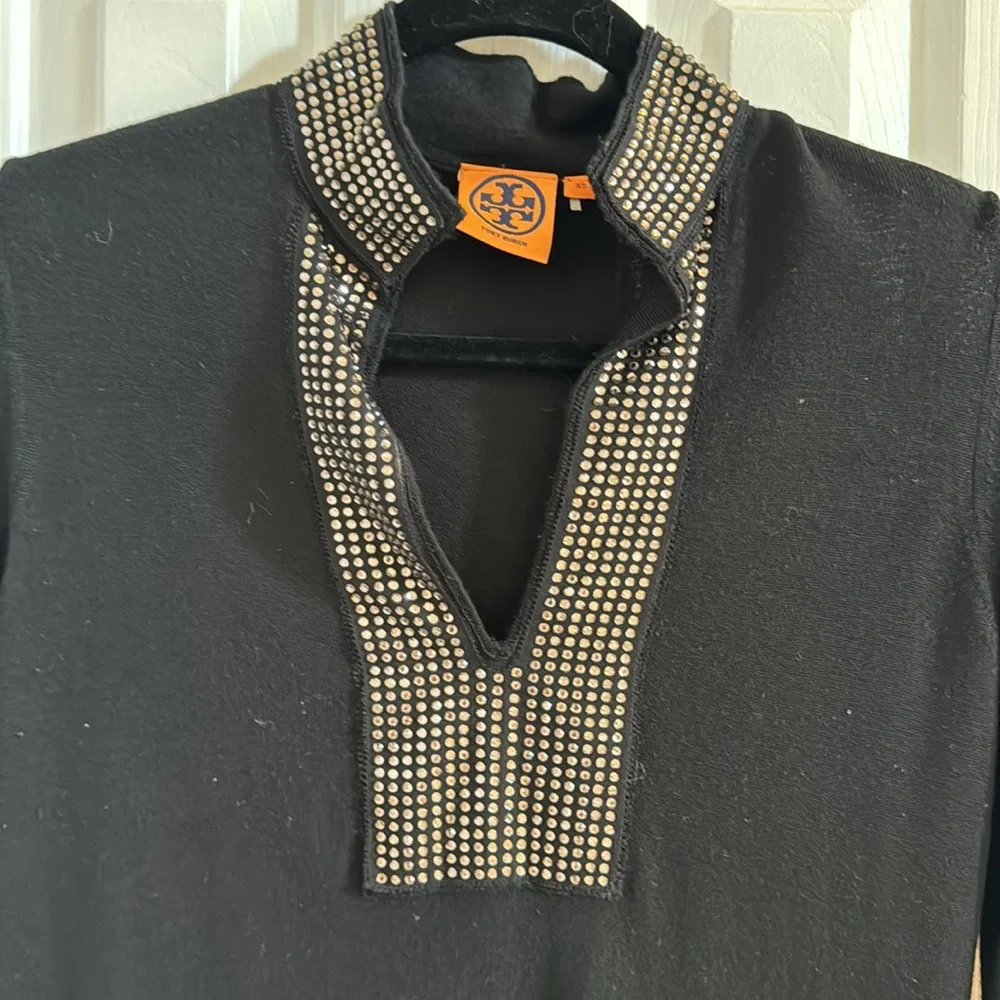 Tory Burch Black Merino Wool Rhinestone Embellished Tunic Sweater